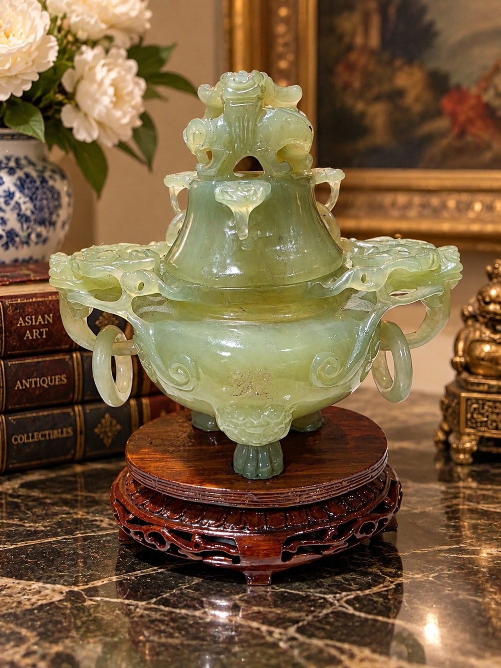 Chinese Carved Jade Dragon Censer Incense Burner With Rings & Wood St.